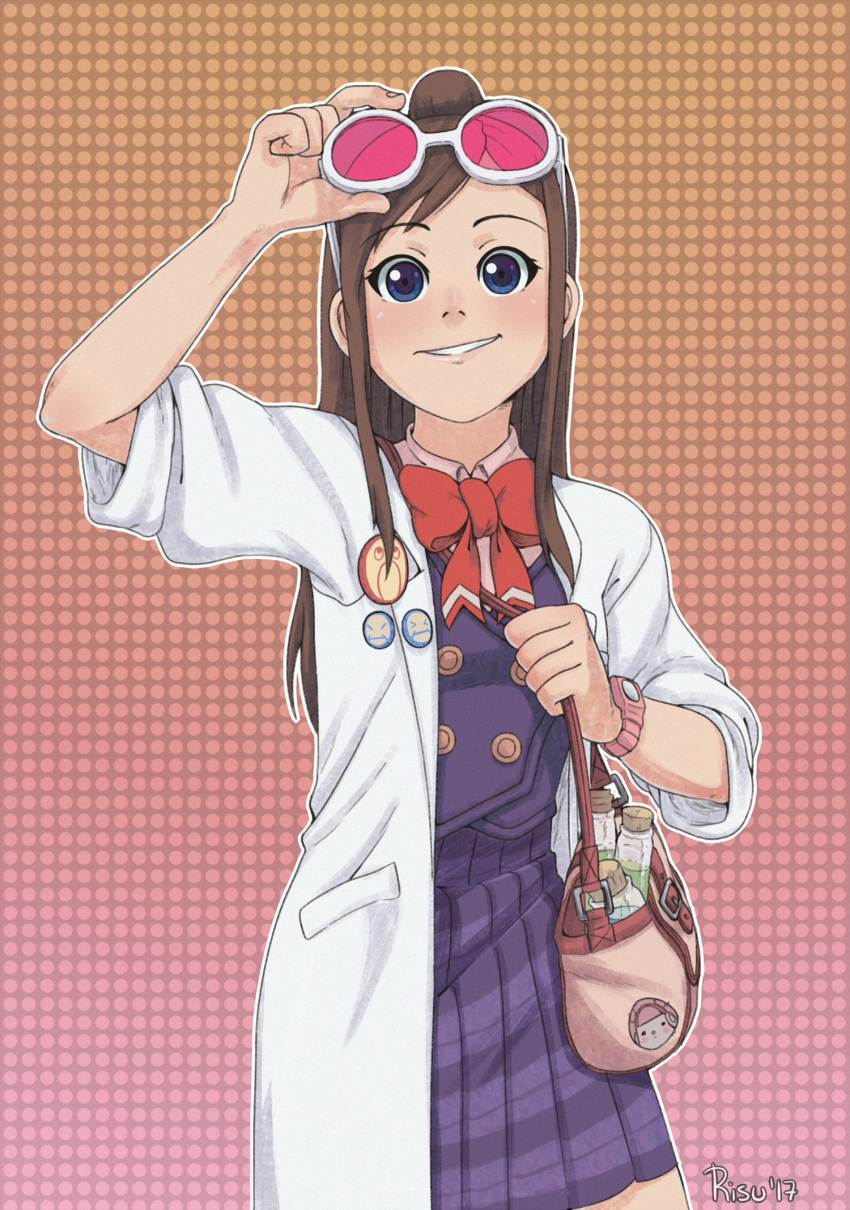1girl, bag, blue_eyes, brown_hair, glasses, goggles, goggles_on_head, grin