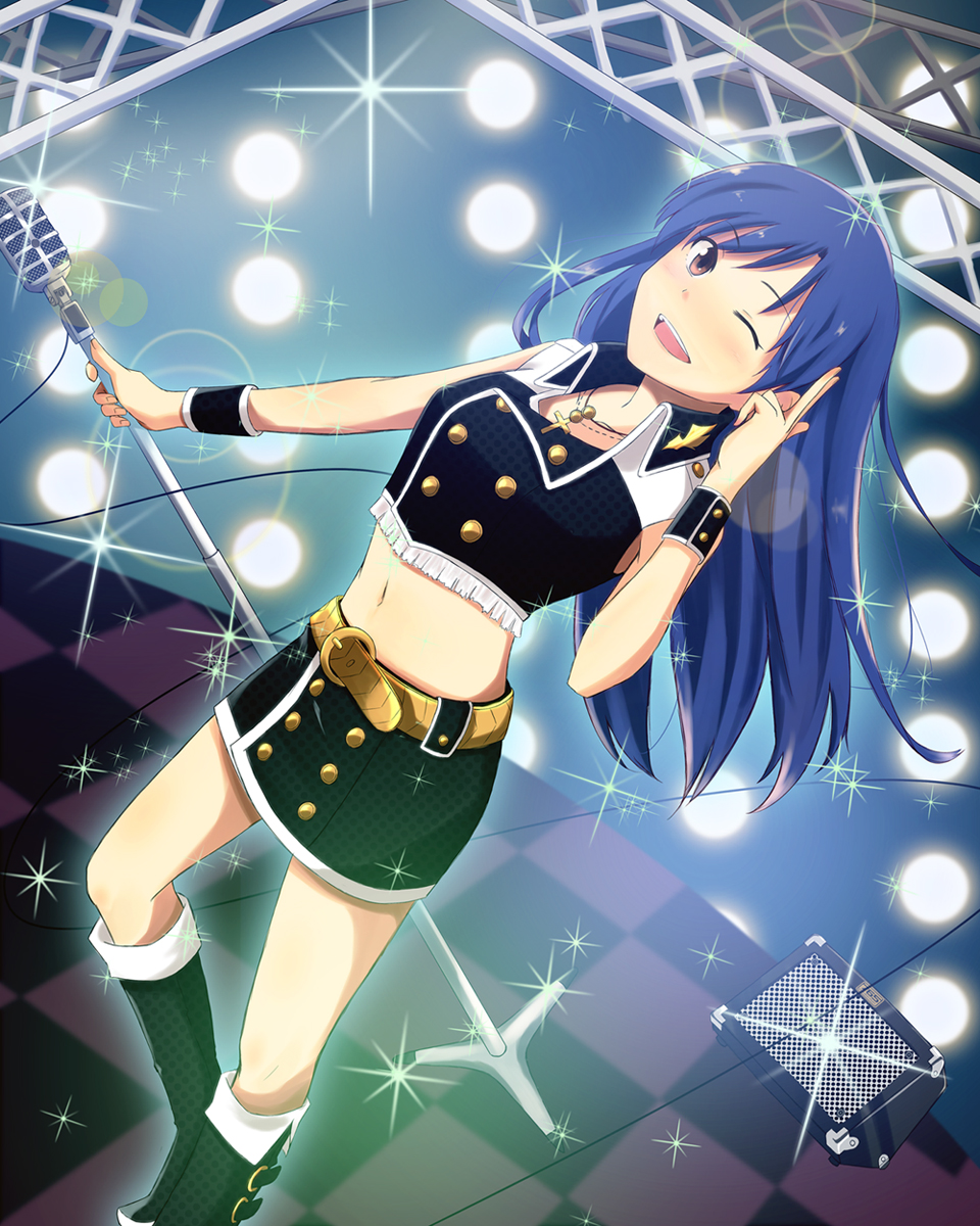 1girl, ;d, black_boots, black_skirt, blue_hair, boots, brown_eyes, checkered