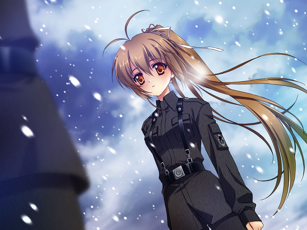 1girl, antenna_hair, belt, black_pants, black_shirt, brown_hair, carnelian, dutch_angle