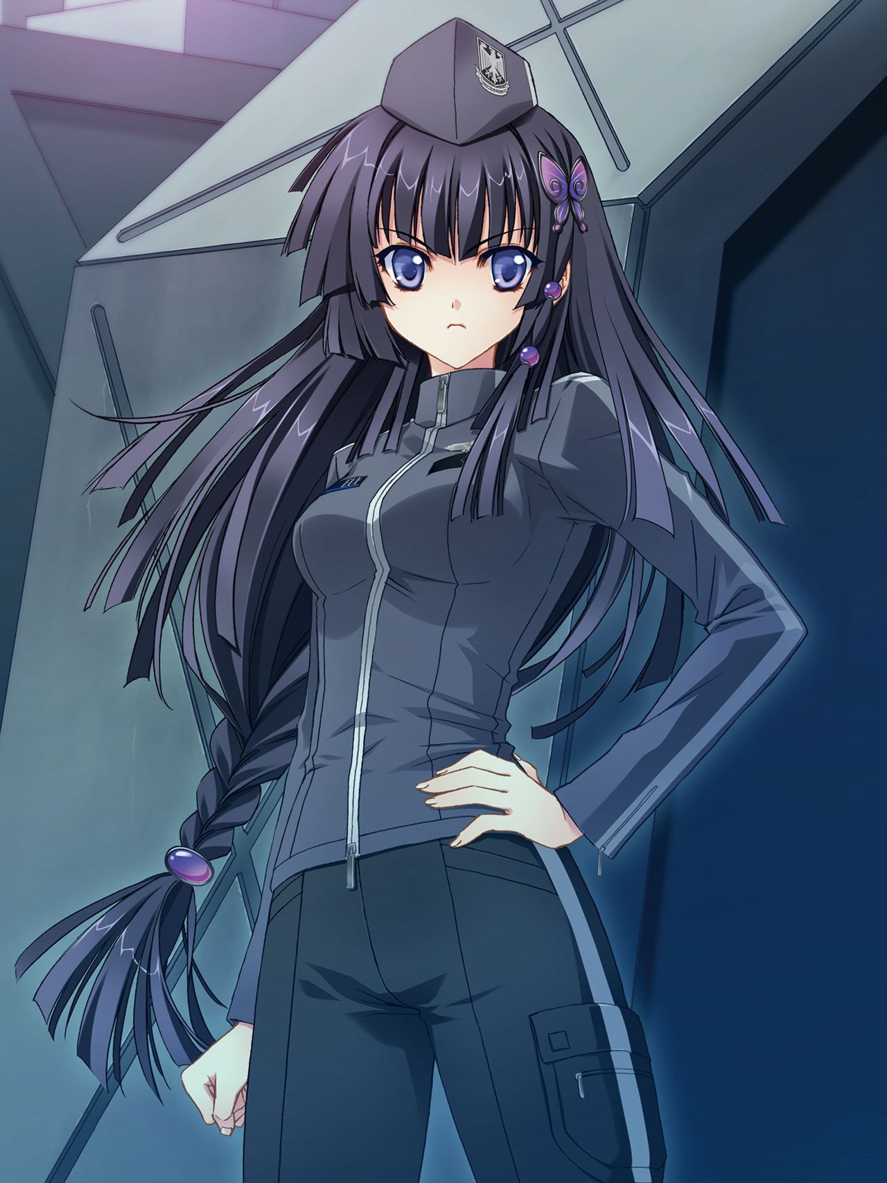 1girl, black_hair, black_hat, black_pants, black_sweater, blue_eyes, braid, breasts, butterfly_hair_ornament, carnelian, circe_steinhoff, cowboy_shot, eyebrows_visible_through_hair, game_cg, hair_ornament, hand_on_hip, hat, highres, long_hair, looking_at_viewer, low-tied_long_hair, medium_breasts, military, military_hat, military_uniform, official_art, pants, schwarzesmarken, solo, standing, sweater, uniform, very_long_hair, zipper