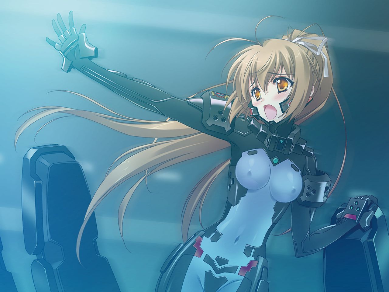 1girl, blush, bodysuit, breasts, breasts_apart, brown_hair, carnelian, covered_navel