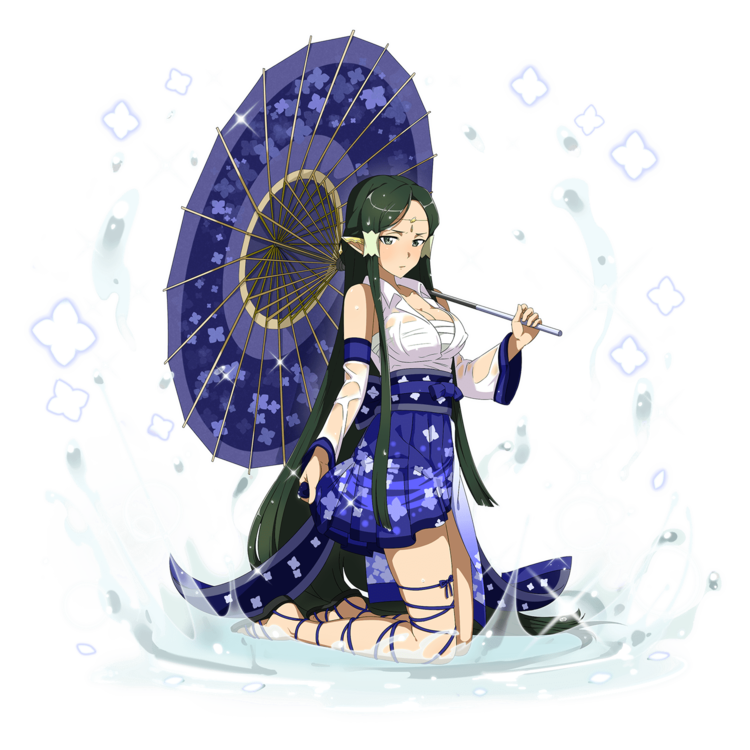1girl, absurdly_long_hair, blue_ribbon, blue_skirt, blue_umbrella, breasts, cleavage, detached_sleeves