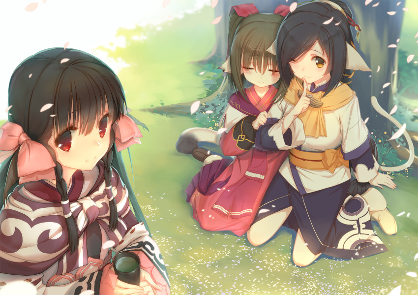3girls, black_hair, blush, bow, closed_eyes, cup, eyebrows_visible_through_hair, finger_to_mouth