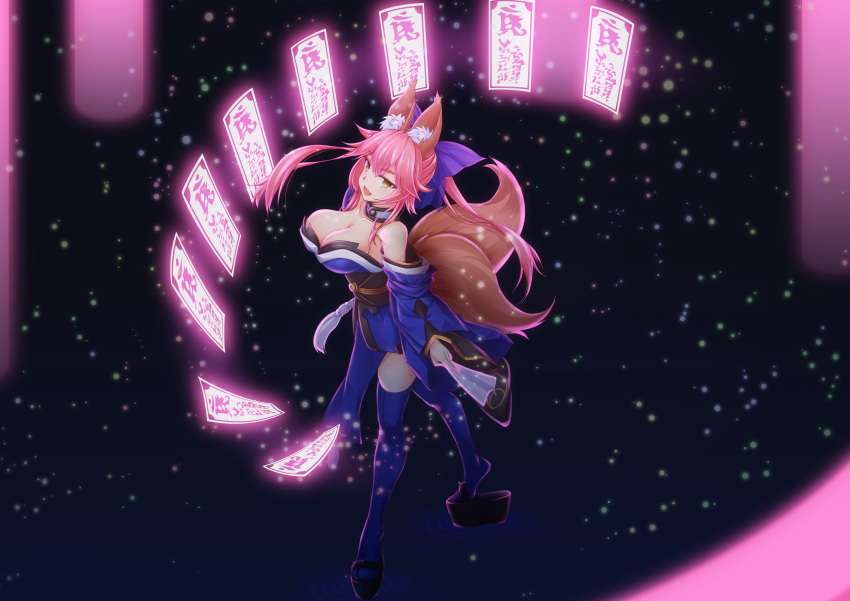 1girl, absurdres, animal_ears, blue_legwear, breasts, cleavage, detached_sleeves, fang, fate/extra, fate/grand_order, fate_(series), fox_ears, fox_tail, full_body, graphite_(medium), hair_ribbon, highres, japanese_clothes, large_breasts, long_hair, looking_at_viewer, mechanical_pencil, multiple_tails, ofuda, open_mouth, oukasirayami, pencil, pink_hair, ribbon, solo, tail, tamamo_(fate)_(all), tamamo_no_mae_(fate), traditional_media, yellow_eyes