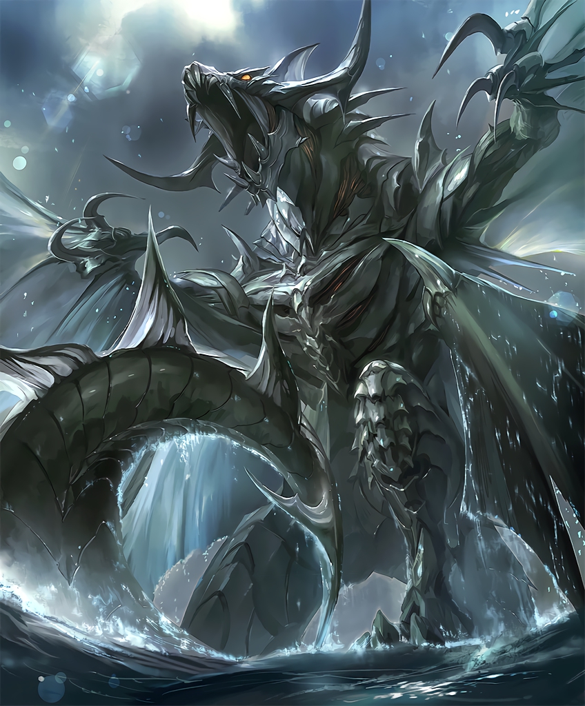 artist_request, claws, clouds, cloudy_sky, cygames, dragon, dragon_horns, dragon_tail, dragon_wings, horns, knee_up, multiple_wings, no_humans, ocean, official_art, open_mouth, orange_eyes, rahab, scales, shadowverse, shingeki_no_bahamut, sky, spines, tail, teeth, water, wings
