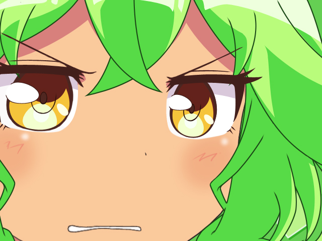1girl, clenched_teeth, close-up, dark_skin, green_hair, gunuaki, gununu, hacka_doll