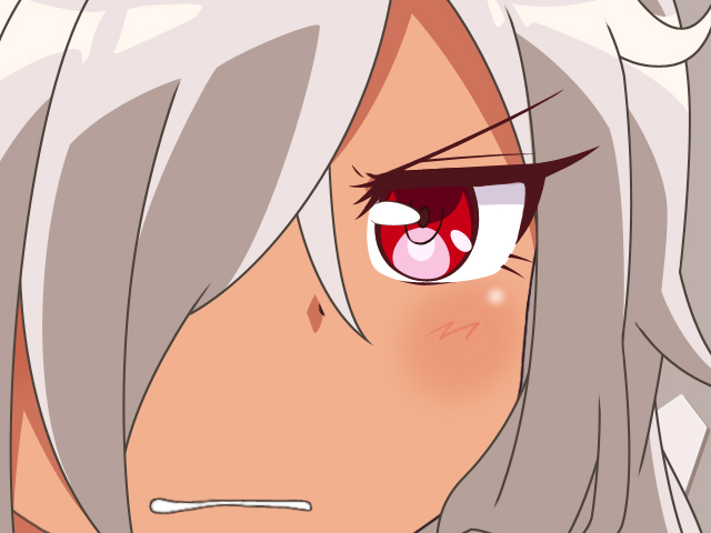 1girl, clenched_teeth, close-up, dark_skin, gunuaki, gununu, hacka_doll, hacka_doll_0, hair_over_one_eye, parody, red_eyes, silver_hair, solo, teeth