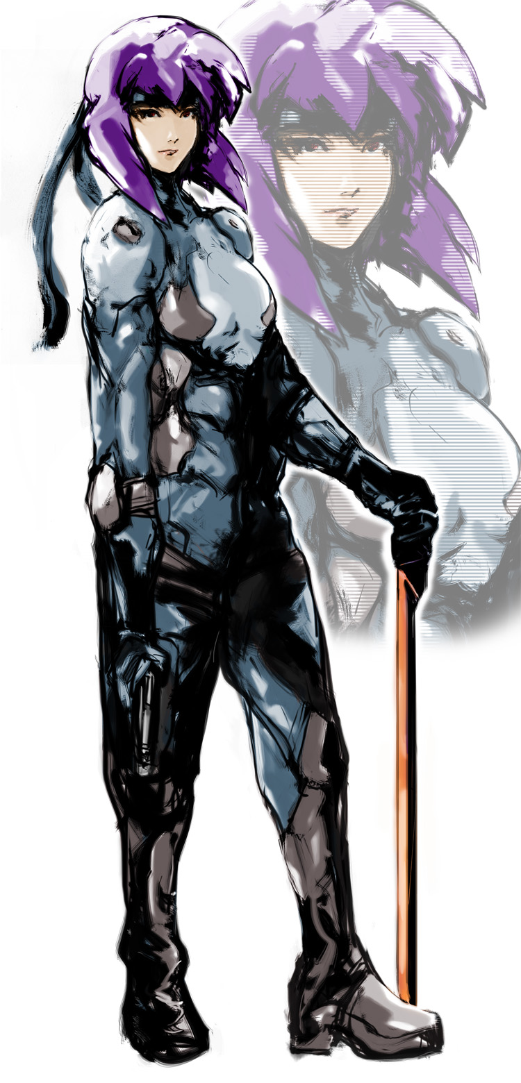 eeyon, epic, ghost_in_the_shell, gun, handgun, highres, kusanagi_motoko, metal_gear_solid, parody, pistol, purple_hair, short_hair, solo, weapon, zangi, zoom_layer