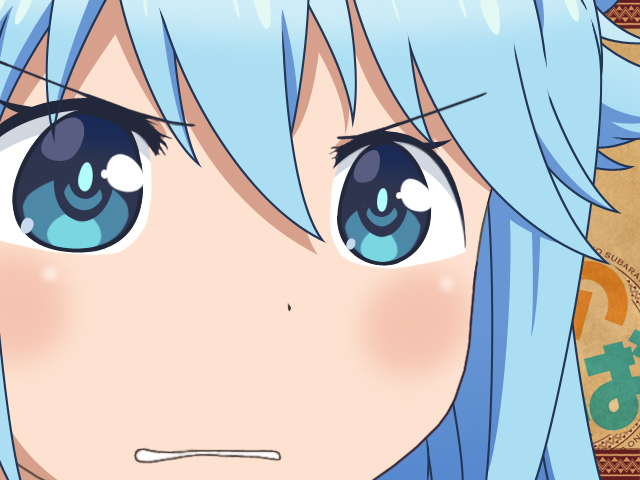 1girl, aqua_(konosuba), blue_eyes, blue_hair, clenched_teeth, close-up, face, gunuaki, gununu, ichigo_mashimaro, kono_subarashii_sekai_ni_shukufuku_wo!, parody, solo, teeth