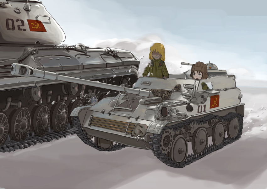 2girls, anger_vein, asu-57, blonde_hair, day, emblem, girls_und_panzer, ground_vehicle, katyusha, military, military_vehicle, motor_vehicle, multiple_girls, nikolai_ezhov, pravda_(emblem), pravda_military_uniform, sky, snow, t-10, t-55, tank
