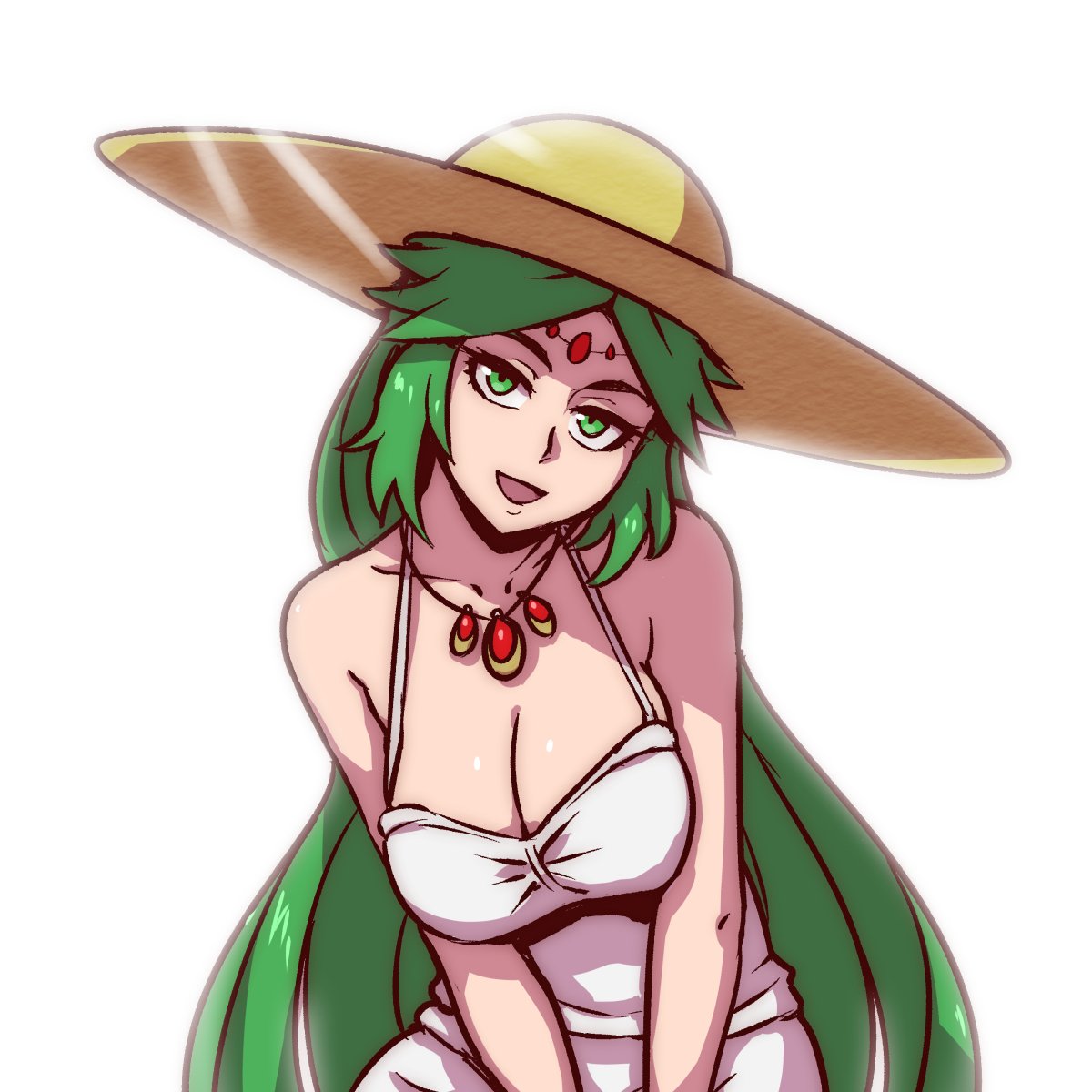 1girl, akairiot, breast_focus, breasts, cleavage, dress, green_eyes, green_hair, hat, highres, kid_icarus, kid_icarus_uprising, large_breasts, long_hair, looking_at_viewer, open_mouth, palutena, smile, solo, sundress, very_long_hair