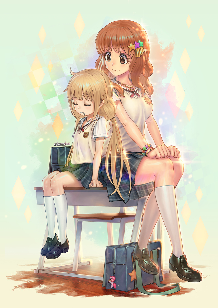 2girls, :3, blonde_hair, bracelet, brown_eyes, brown_hair, closed_eyes, drooling