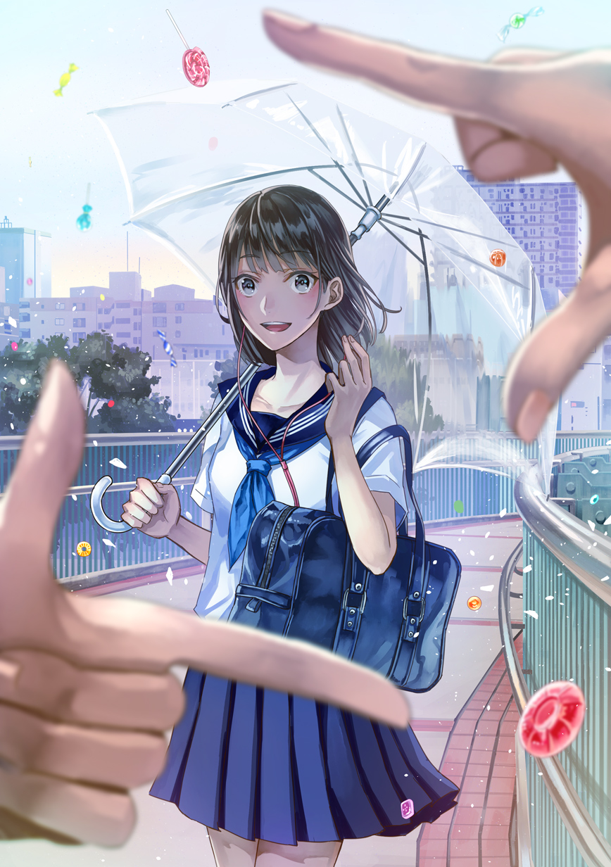 1girl, bag, bangs, black_eyes, black_hair, blouse, blue_neckerchief, blue_skirt, blush, candy, city, collarbone, cowboy_shot, duffel_bag, earphones, eyebrows_visible_through_hair, finger_frame, food, grey_eyes, hand_up, highres, holding, holding_umbrella, kirinosuke, light_particles, lollipop, long_hair, looking_at_viewer, neckerchief, open_mouth, original, outdoors, pleated_skirt, pov, pov_finger_frame, railing, school_bag, school_uniform, serafuku, short_hair, sidewalk, skirt, smile, solo_focus, standing, teeth, transparent_umbrella, umbrella, white_blouse, wrapped_candy