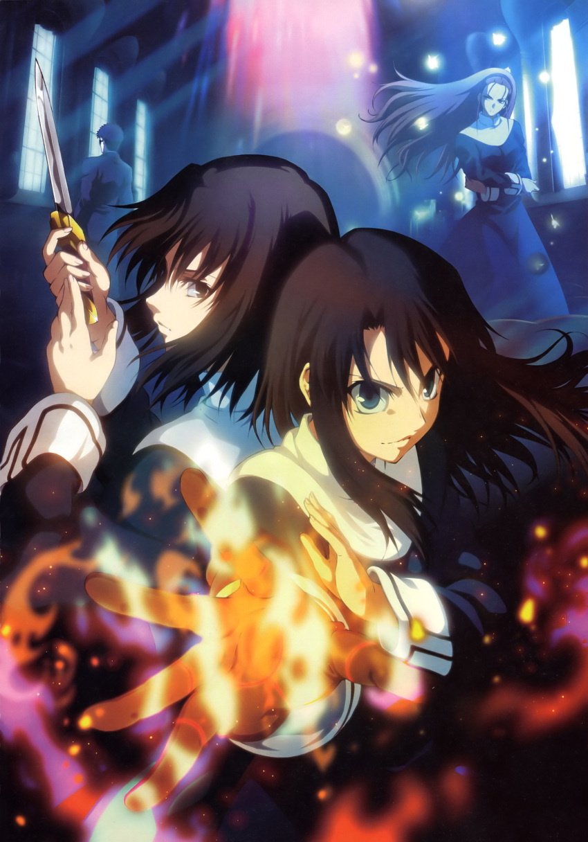 black_hair, blue_eyes, brown_eyes, fire, hairband, highres, kara_no_kyoukai, knife
