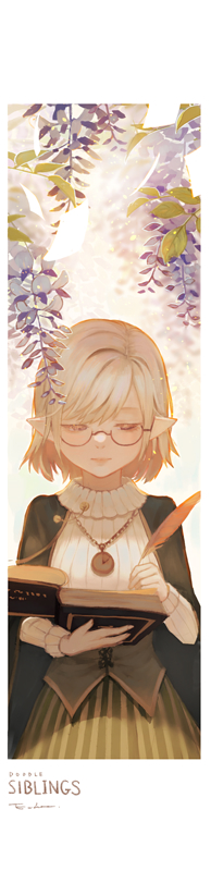 1girl, blonde_hair, book, cape, corset, echosdoodle, flower, glasses
