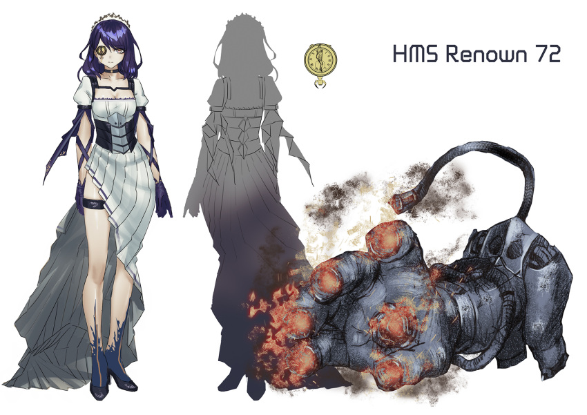 asymmetrical_clothes, breasts, character_name, character_sheet, choker, cleavage, dark_persona, eyepatch