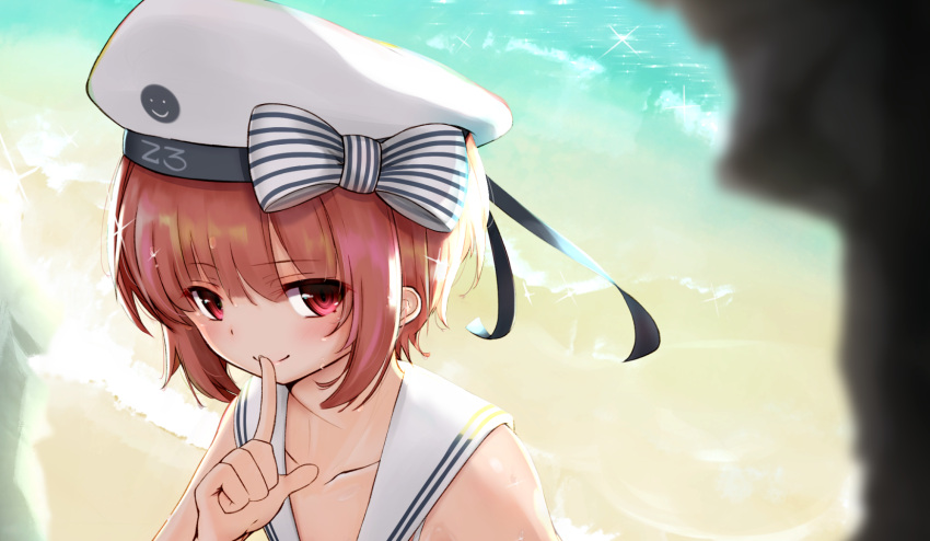 1girl, beach, beret, bikini, bow, eyebrows_visible_through_hair, hat, highres