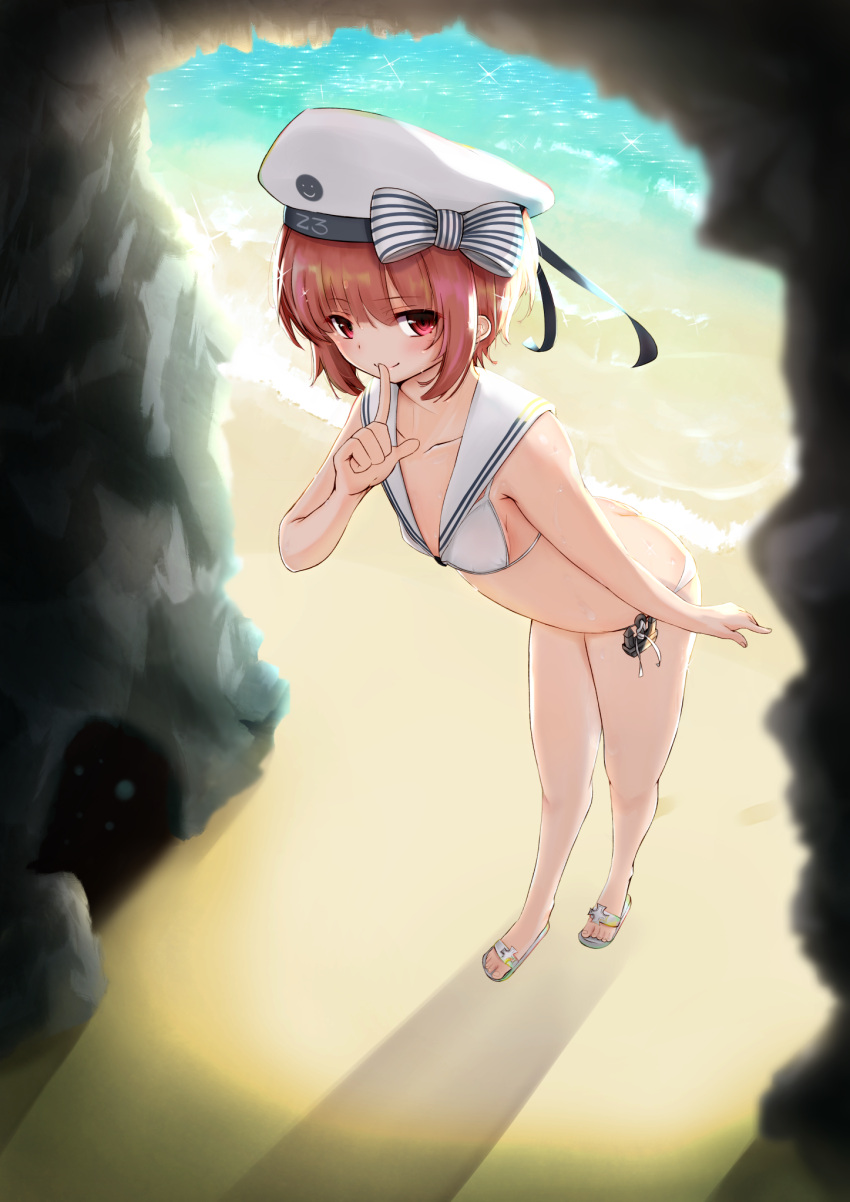 1girl, ass, beach, beret, bikini, bow, breasts, butt_crack