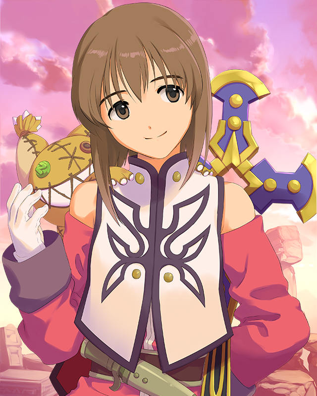 1girl, anise_tatlin, anise_tatlin_(cosplay), annindoufu_(oicon), brown_eyes, brown_hair, company_connection, cosplay