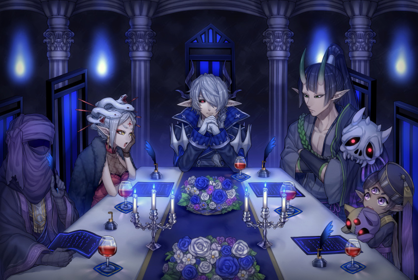 2girls, 3boys, alcohol, animal, black_hair, black_hat, breasts, candle