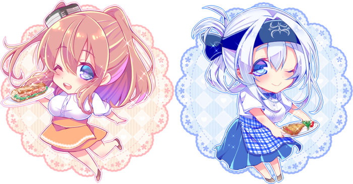 2girls, alternate_costume, anna_miller, apron, bandanna, blue_eyes, brown_hair, chibi