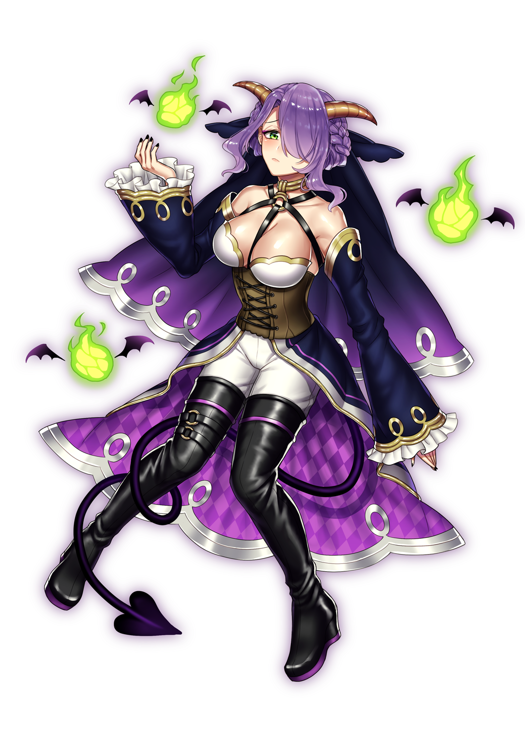 1girl, black_nails, blush, boots, breasts, cleavage, demon_tail, detached_sleeves
