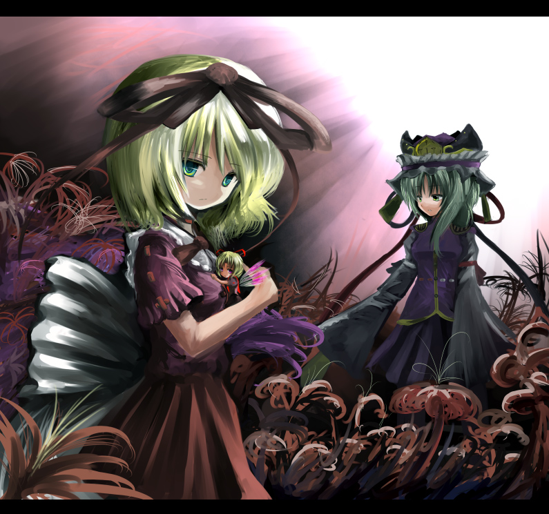 blonde_hair, flower, green_eyes, green_hair, higanbana, medicine_melancholy, ribbon, ribbons