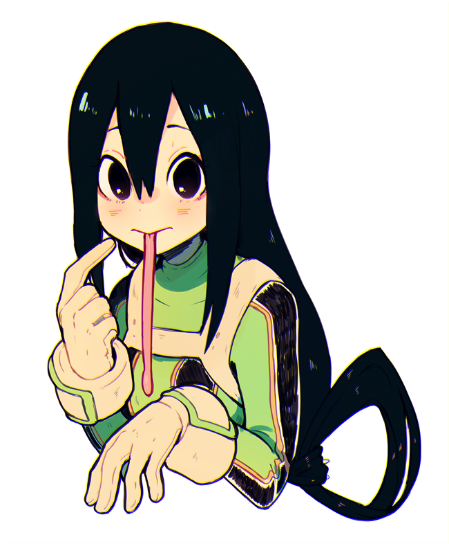 1girl, asui_tsuyu, black_hair, bodysuit, boku_no_hero_academia, gloves, hair_between_eyes, long_hair, long_tongue, pointing, pointing_at_self, shiu_(pika), simple_background, solo, tongue, tongue_out, uniform, upper_body, white_background