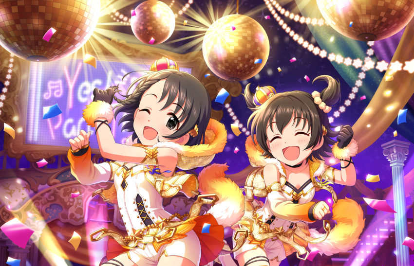 2girls, akagi_miria, artist_request, bangs, bare_shoulders, black_hair, blush, braid, child, choker, closed_eyes, confetti, crown, dancing, detached_sleeves, flat_chest, fur_trim, gloves, hair_ornament, idolmaster, idolmaster_cinderella_girls, idolmaster_cinderella_girls_starlight_stage, jewelry, mini_crown, multiple_girls, official_art, one_eye_closed, open_mouth, ring, sasaki_chie, short_hair, shorts, single_braid, single_glove, smile, stage, star, twintails, two_side_up, yes!_party_time!!
