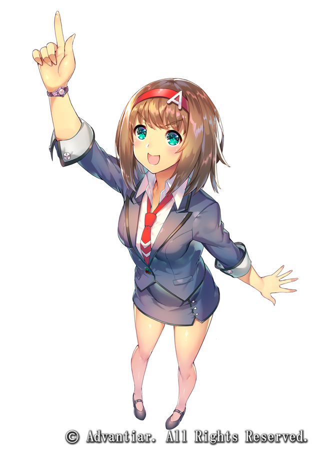 1girl, advantiar, aguy, aqua_eyes, blonde_hair, blush, eyebrows_visible_through_hair, hairband, index_finger_raised, looking_away, looking_up, necktie, official_art, open_mouth, pointing, pointing_up, red_necktie, simple_background, smile, white_background