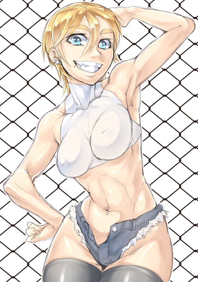 1girl, arm_up, armpits, black_legwear, blonde_hair, blue_eyes, chain-link_fence, cowboy_shot