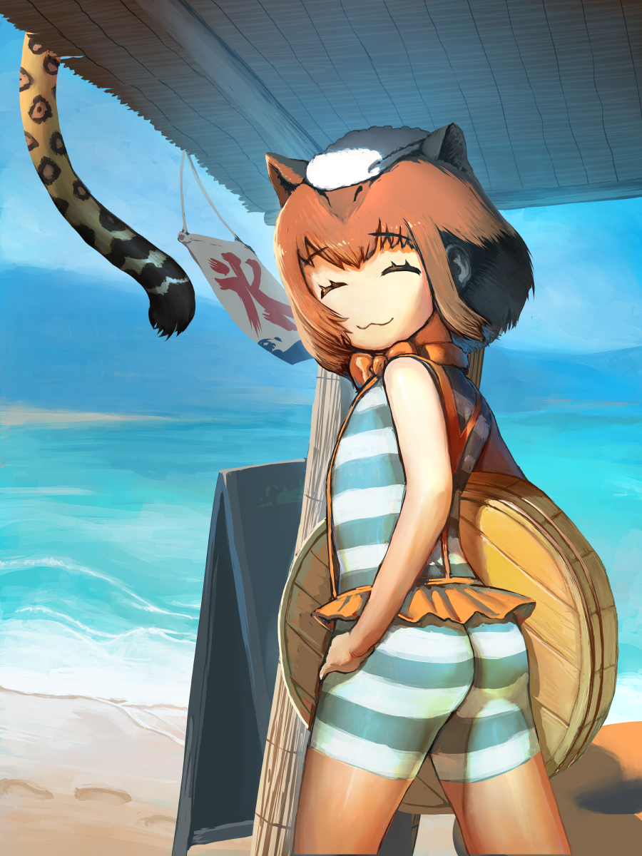 1girl, :3, aasu_kirishita, ass, brown_hair, capybara_(kemono_friends), capybara_ears, closed_eyes