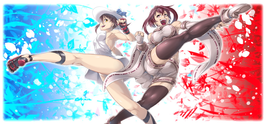 2girls, armpits, black_legwear, breasts, brown_hair, detached_sleeves, dress, fingerless_gloves