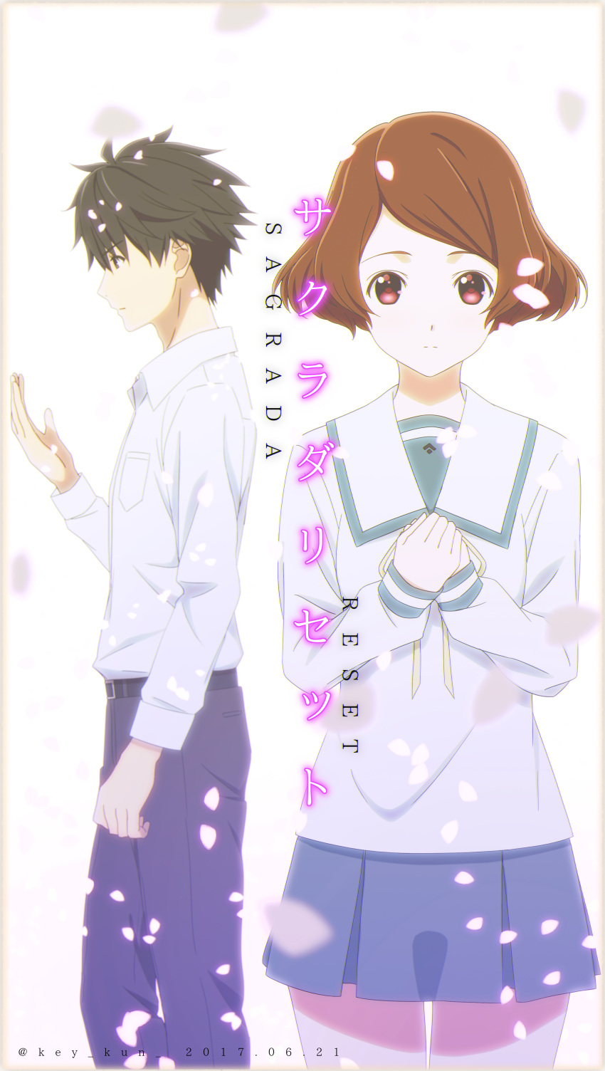 1boy, 1girl, absurdres, asai_kei, black_hair, brown_hair, commentary, copyright_name, dated, hands_together, highres, key_kun, looking_at_hand, miniskirt, misora_haruki, pleated_skirt, red_eyes, sakurada_reset, school_uniform, serafuku, short_hair, skirt, twitter_username