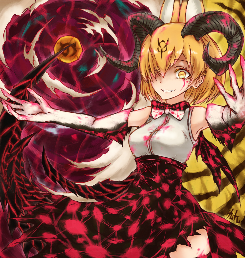 1girl, animal_ears, animal_print, aura, black_skirt, blonde_hair, blood, bloody_clothes