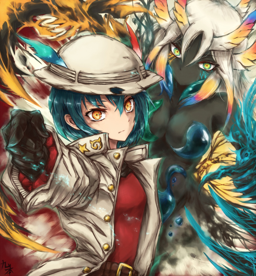 1girl, adapted_costume, alternate_costume, aqua_hair, aura, bangs, beige_jacket, black_gloves
