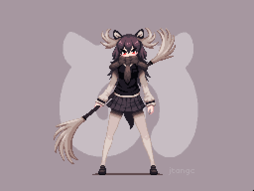 1girl, antlers, artist_name, brown_hair, full_body, holding, holding_weapon, japari_symbol, jtangc, kemono_friends, legs_apart, long_hair, long_sleeves, looking_at_viewer, moose_(kemono_friends), moose_ears, pixel_art, red_eyes, scarf, skirt, solo, standing, weapon