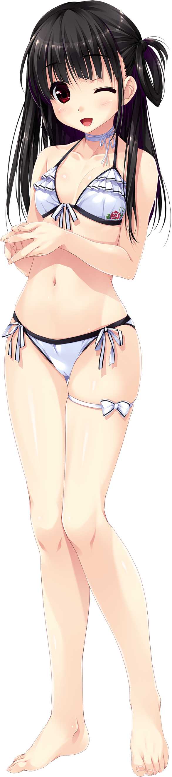1girl, absurdres, bangs, bare_shoulders, barefoot, bikini, black_hair, breasts, choker, cleavage, collarbone, eyebrows_visible_through_hair, feet, front-tie_bikini, front-tie_top, full_body, halterneck, haruru_minamo_ni!, highres, long_hair, long_image, navel, official_art, one_eye_closed, open_mouth, red_eyes, ribbon, shintarou, side-tie_bikini, small_breasts, smile, solo, standing, swimsuit, tall_image, toes, transparent_background, white_bikini, yamagami_miori