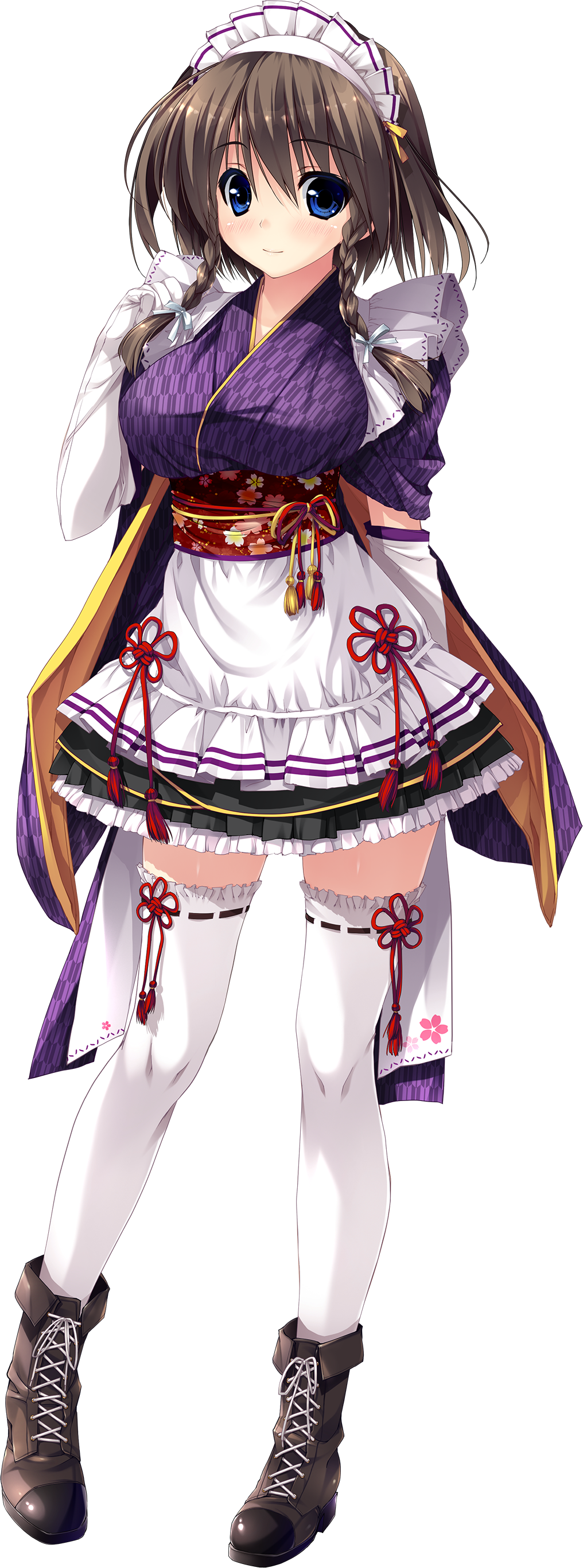 1girl, absurdres, arms_behind_back, bangs, blue_eyes, blush, boots, braid