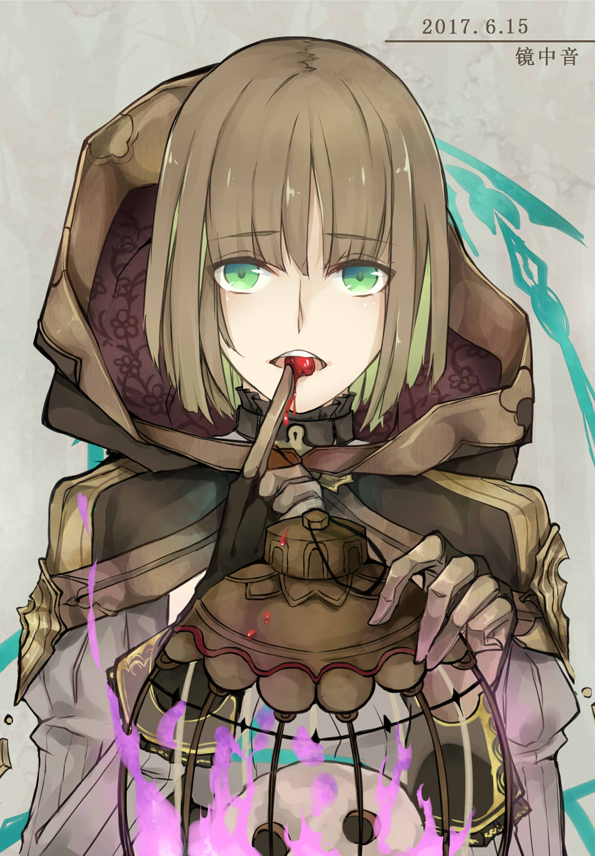 1girl, brown_hair, cage, cloak, dated, eating, eyebrows, finger_to_mouth