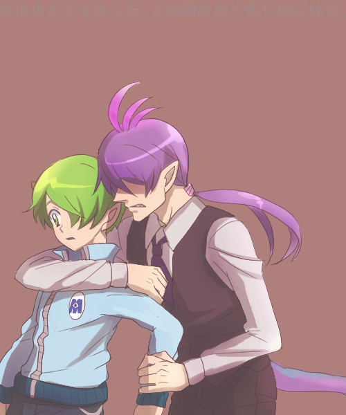 2boys, ahoge, green_eyes, green_hair, hair_over_one_eye, horns, hug, hug_from_behind