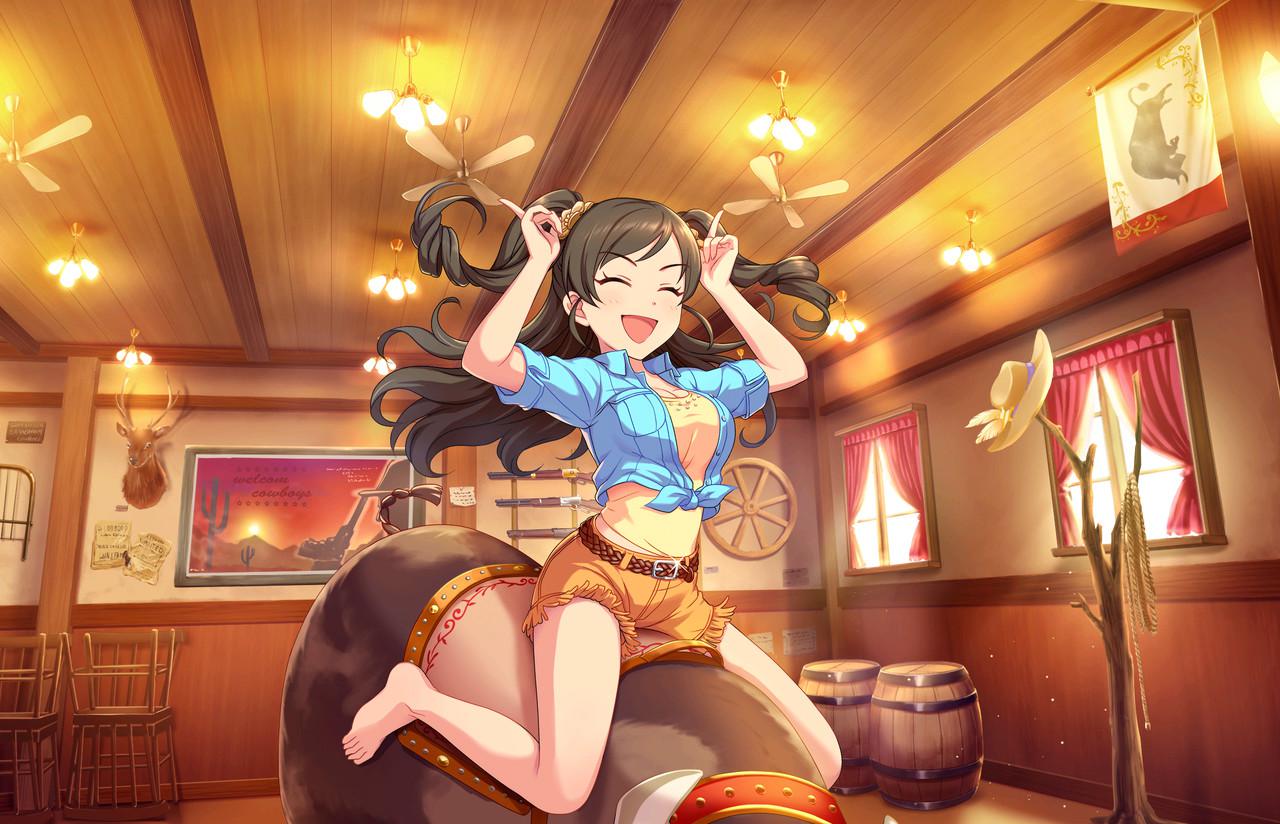 1girl, :d, ^_^, barefoot, belt, ceiling_fan, closed_eyes, curtains, feet, fringe, front-tie_top, gun, horns_pose, idolmaster, idolmaster_cinderella_girls, idolmaster_cinderella_girls_starlight_stage, jpeg_artifacts, lever_action, mechanical_bull, nonomura_sora, official_art, open_mouth, rifle, shirt, shorts, smile, solo, tied_shirt, toes, two_side_up, weapon, western, window