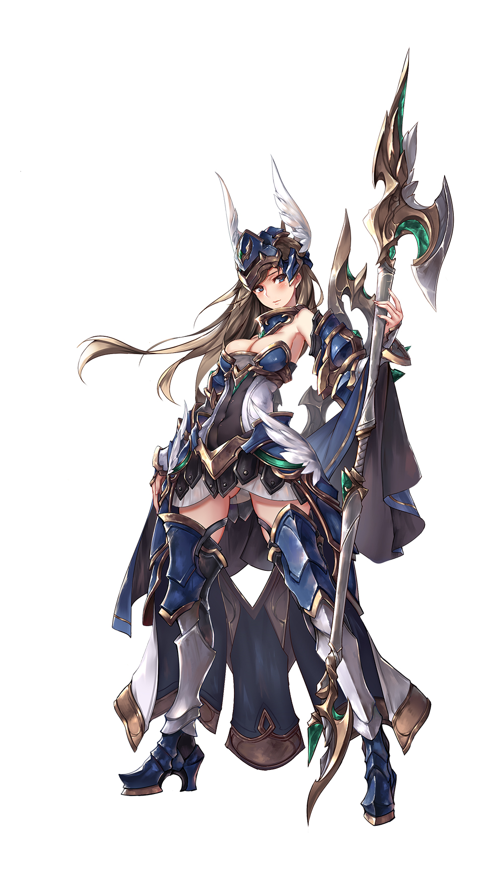 1girl, 33_(mkiiiiii), armor, armored_boots, artist_name, bare_shoulders, blue_eyes, blush