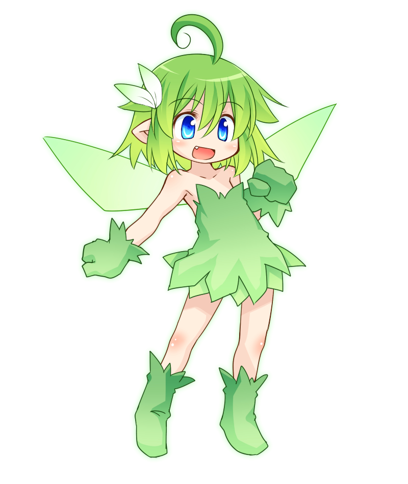 1girl, :d, ahoge, bare_shoulders, blue_eyes, dress, fairy, fairy_wings, fang, full_body, gloves, green_dress, green_hair, hair_ornament, kso, looking_at_viewer, open_mouth, original, pointy_ears, simple_background, sleeveless, sleeveless_dress, smile, solo, white_background, wings