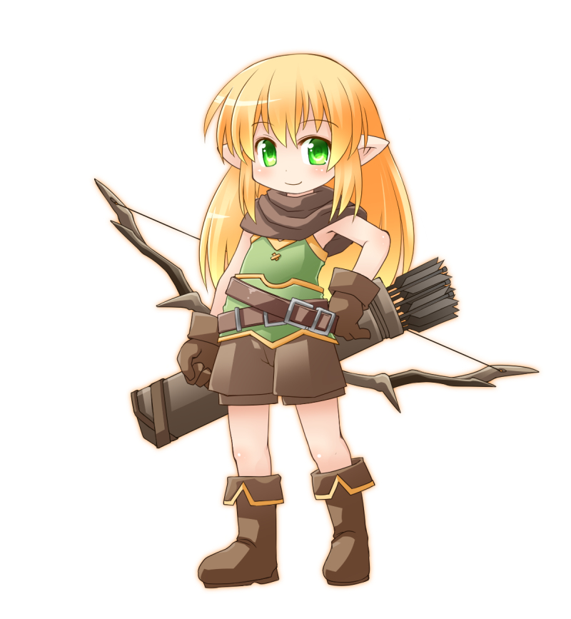 1girl, arrow, belt, blonde_hair, boots, bow_(weapon), capelet, elf