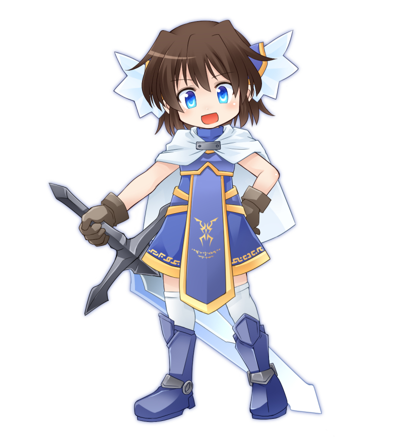 1girl, :d, armor, armored_boots, blue_eyes, boots, brown_hair, cape