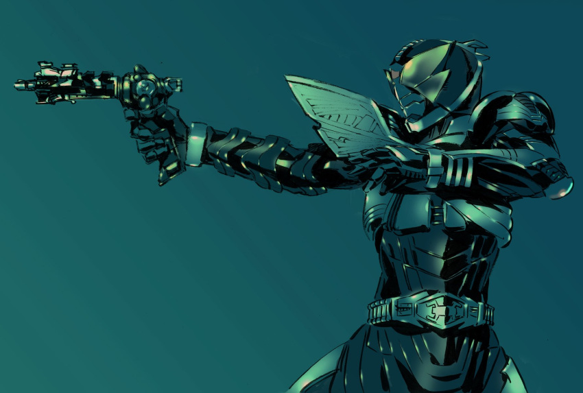 1boy, aiming, armor, belt, blue, gun, helmet, highres