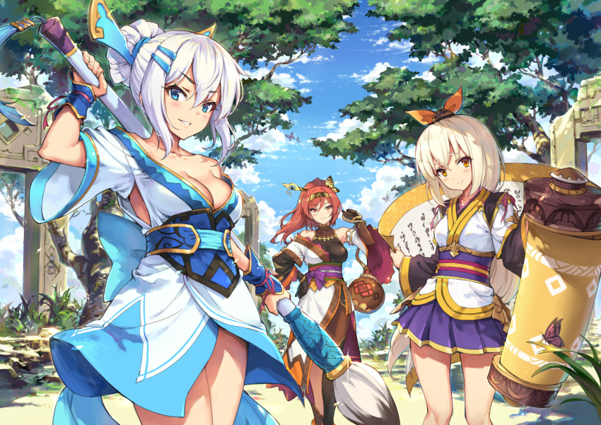3girls, :>, auburn_hair, bangs, bare_shoulders, blonde_hair, blue_eyes, blue_sky, blush, bow, breasts, brown_eyes, character_request, chinese_clothes, cleavage, closed_mouth, clouds, cloudy_sky, collarbone, day, detached_sleeves, du_fu, eyebrows_visible_through_hair, hair_between_eyes, hair_bow, hair_ornament, hairband, hairclip, hand_on_hip, haoni, highres, holding, holding_brush, holding_scroll, holding_weapon, legs_apart, li_bai, long_hair, looking_at_viewer, medium_breasts, multiple_girls, orange_bow, outdoors, parted_lips, ponytail, red_eyes, redhead, sangai_senki, sash, scroll, sidelocks, sky, smile, standing, thighs, weapon, white_hair