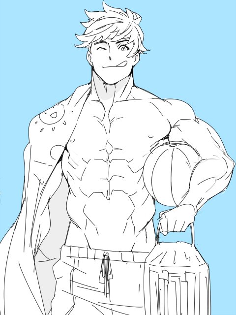 1boy, ;p, abs, adonis_belt, ball, beachball, blue_background, carrying_under_arm
