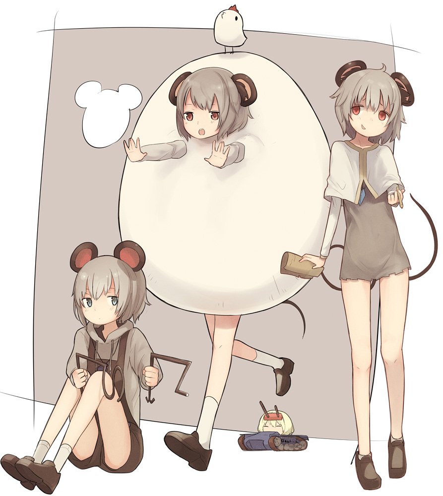 3girls, animal_ears, bare_legs, black_shorts, brown_shoes, capelet, cookie_(touhou), dowsing_rod